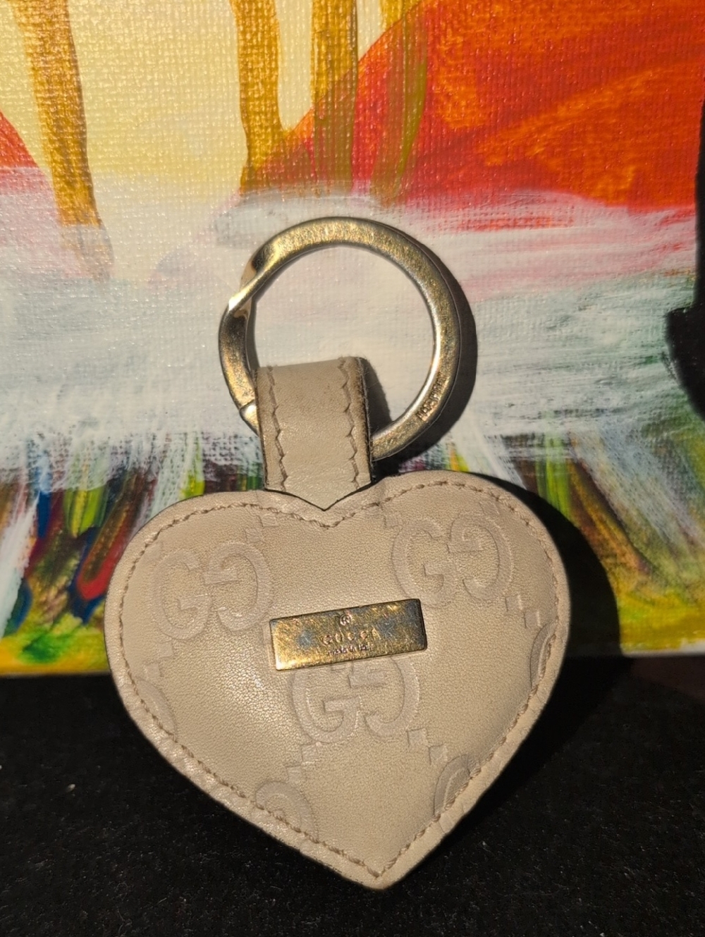 Gucci Beige Heart Keyring with Gold Hardware